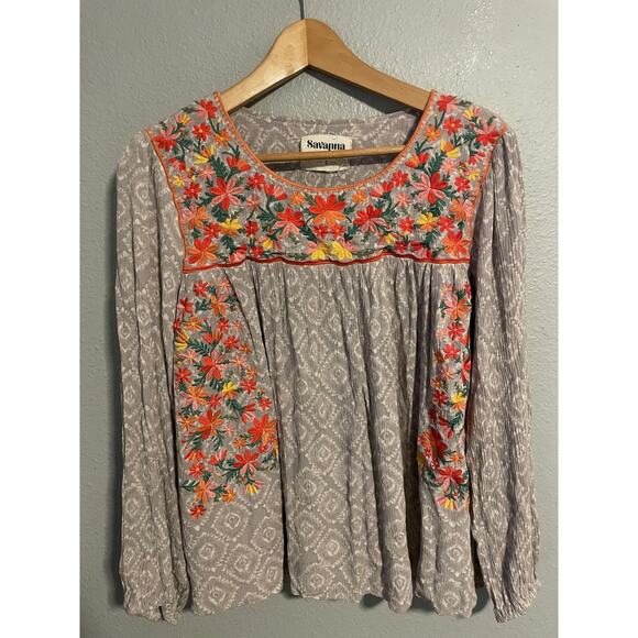 Savanna Jane Tops - Savanna Jane Shirt Womens Large Gray Boho Peasant Embroidered Floral Rayon